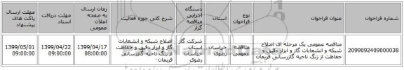 مناقصه عمومی یک مرحله ای اصلاح شبکه و انشعابات گاز و ابزار دقیق و حفاظت از زنگ ناحیه گازرسانی فریمان