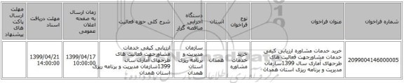 خرید خدمات مشاوره ارزیابی کیفی خدمات مشاورجهت فعالیت های طرحهای آماری سال 1399سازمان مدیریت و برنامه ریزی استان همدان