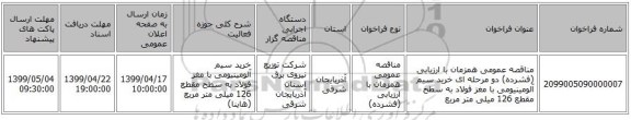 مناقصه عمومی همزمان با ارزیابی (فشرده) دو مرحله ای خرید سیم آلومینیومی با مغز فولاد به سطح مقطع 126 میلی متر مربع 