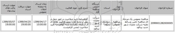 مناقصه عمومی یک مرحله ای مناقصه تامین وسائط نقلیه شرکت عمران شهر جدید بینالود
