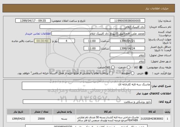 استعلام ماسک سه لایه کارخانه ای