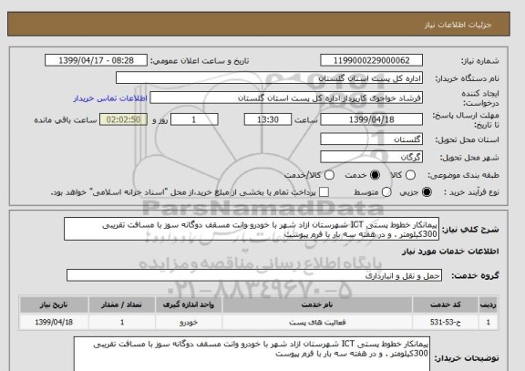 استعلام پیمانکار خطوط پستی ICT شهرستان ازاد شهر با خودرو وانت مسقف دوگانه سوز با مسافت تقریبی 300کیلومتر . و در هفته سه بار با فرم پیوست