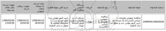 مناقصه عمومی همزمان با ارزیابی (فشرده) یک مرحله ای خرید کنتور مولتی جت و تحویل در انبار کارفرما