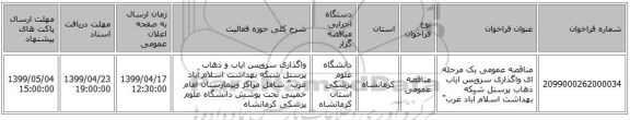 مناقصه عمومی یک مرحله ای واگذاری سرویس ایاب ذهاب پرسنل شبکه بهداشت اسلام آباد غرب