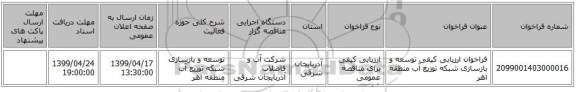 فراخوان ارزیابی کیفی توسعه و بازسازی شبکه توزیع آب منطقه اهر