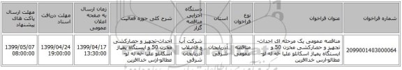 مناقصه عمومی یک مرحله ای احداث-تجهیز و حصارکشی مخزن 50 و ایستگاه پمپاژ اسکانلو علیا -له له لو- عطالو-ارس خداافرین