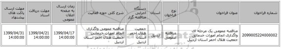 مناقصه عمومی یک مرحله ای واگذاری انجام امورات خدماتی جمعیت هلال احمر استان اردبیل 