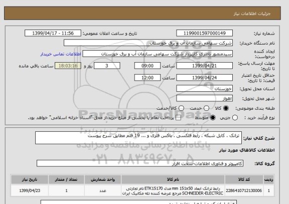 استعلام  ترانک . کابل شبکه . رابط فلکسی . باکس فلزی و ... 19 قلم مطابق شرح پیوست