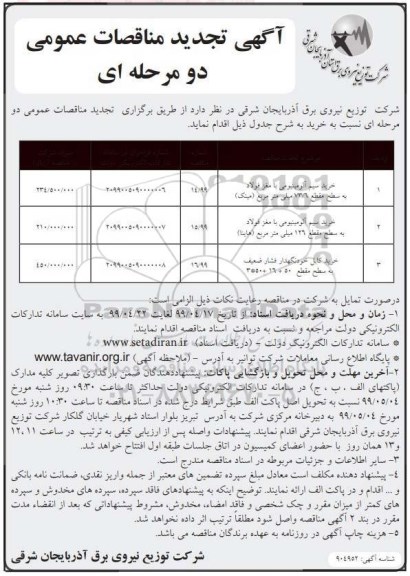 تجدید مناقصه عمومی, تجدید مناقصه خرید سیم آلومینیومی و....