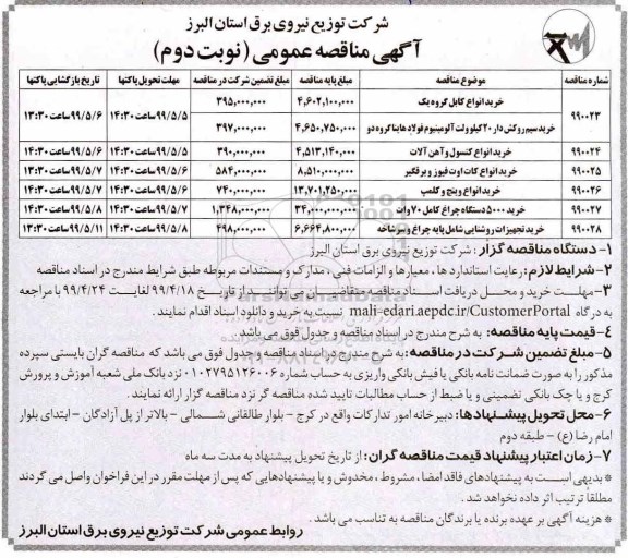 مناقصه عمومی , مناقصه خرید انواع کابل گروه یک و ...  نوبت دوم