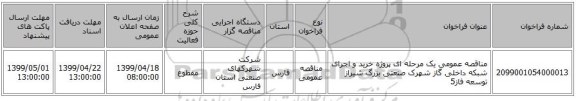 مناقصه عمومی یک مرحله ای پروژه خرید و اجرای شبکه داخلی گاز شهرک صنعتی بزرگ شیراز توسعه فاز5