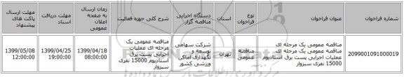 مناقصه عمومی یک مرحله ای مناقصه عمومی  یک مرحله ای عملیات اجرایی پست برق استادیوم 15000 نفری سبزوار 