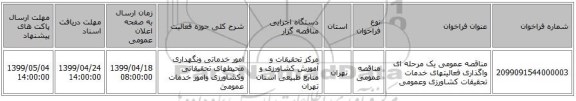 مناقصه عمومی یک مرحله ای واگذاری فعالیتهای خدمات تحقیقات کشاورزی وعمومی