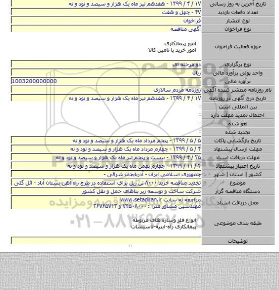 تجدید مناقصه خرید ۸۰۰۰ تن ریل برای استفاده در طرح راه آهن بستان آباد - ائل گلی