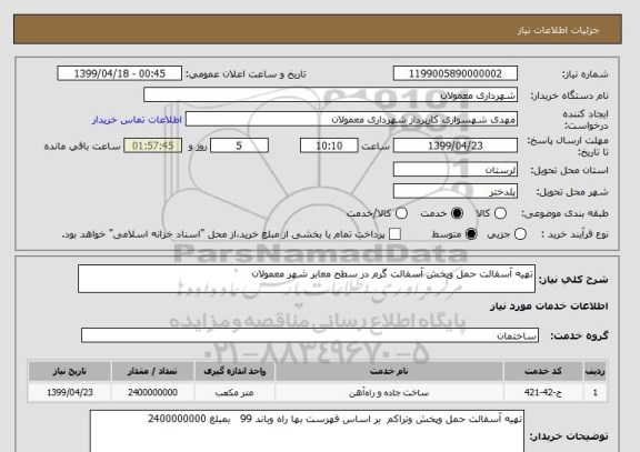 استعلام تهیه آسفالت حمل وپخش آسفالت گرم در سطح معابر شهر معمولان
