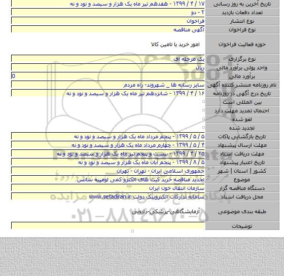 تجدید مناقصه خرید کیت های الکترو کمی لومینه سانس