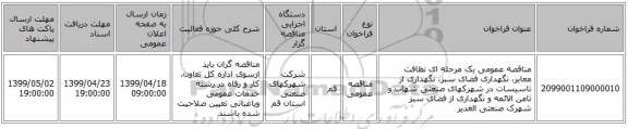 مناقصه عمومی یک مرحله ای نظافت معابر، نگهداری فضای سبز، نگهداری از تاسیسات در شهرکهای صنعتی شهاب و ثامن الائمه و نگهداری از فضای سبز شهرک صنعتی الغدیر