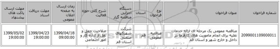 مناقصه عمومی یک مرحله ای ارائه خدمات نقلیه برای انجام ماموریت های کارفرما در داخل و خارج شهر و استان قم