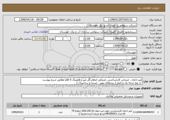 استعلام میز اداری . صندلی کارشناسی ،صندلی انتظار.گل میز و فایلینگ 5 قلم مطابق شرح پیوست 
 از نوع درجه یک و اصل ( برندهای نیلپر ، ایستا و ساجیران )