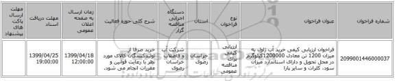 فراخوان ارزیابی کیفی خرید آب ژاول به میزان 1200 تن معادل 1200000کیلوگرم  در محل تحویل و دارای استاندارد میزان سود، کلرات و سایر پارا