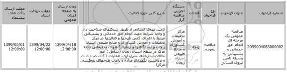 مناقصه عمومی یک مرحله ای انجام امور خدماتی و پشتیبانی به وسیله تامین نیروی انسانی