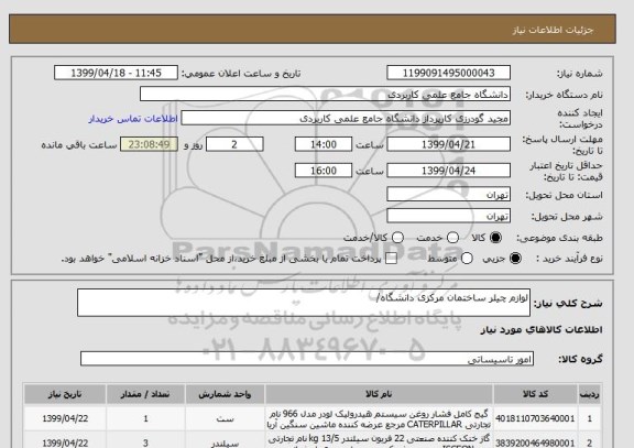 استعلام لوازم چیلر ساختمان مرکزی دانشگاه/