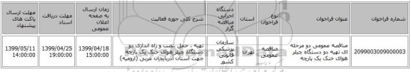 مناقصه عمومی دو مرحله ای تهیه دو دستگاه چیلر هوای خنک یک پارچه