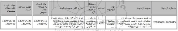 مناقصه عمومی یک مرحله ای عملیات خرید و نصب تجهیزات مورد نیاز طرح احداث تصفیه خانه آب شرب شهر فیروزآباد