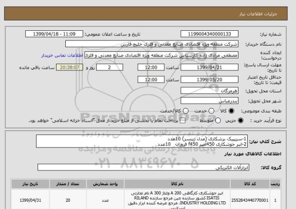 استعلام 1-سرپییک برشکاری (مدل زینسر) 10عدد
2-انبر جوشکاری 450آمپر f450 فروزان   10عدد