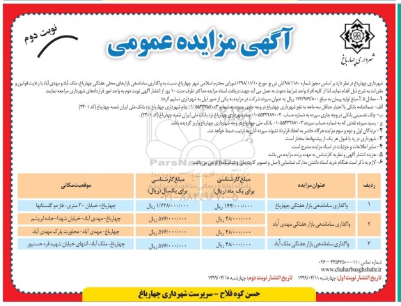 مزایده عمومی , مزایده واگذاری ساماندهی بازارهای محلی هفتگی - نوبت دوم