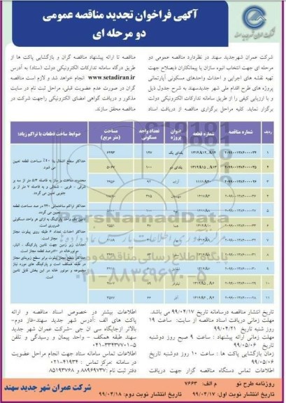 تجدید مناقصه , تجدید مناقصه تهیه نقشه های اجرایی و احداث واحدهای مسکونی آپارتمانی - نوبت دوم