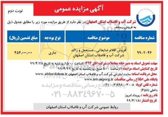 مزایده فروش اقلام ضایعاتی ، مستعمل و راکد شرکت - نوبت دوم 