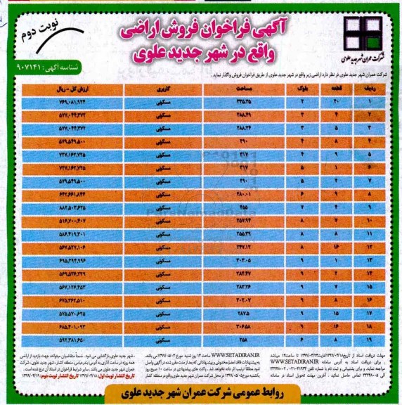 مزایده ،مزایده فروش اراضی مسکونی نوبت دوم 