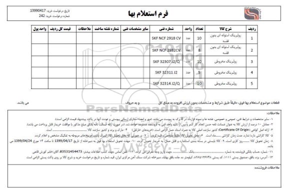 استعلام، استعلام رولبرینگ استوانه ای بدون قفسه ... 