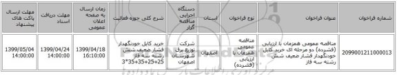 مناقصه عمومی همزمان با ارزیابی (فشرده) دو مرحله ای خرید کابل خودنگهدار فشار ضعیف شش رشته سه فاز 