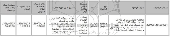 مناقصه عمومی یک مرحله ای احداث نیروگاه 100 کیلو واتی خورشیدی شامل(طراحی ،تهیه ،نصب ،آماده سازی،راه اندازی،تحویل و آموزش) شرکت آلومینای ایران