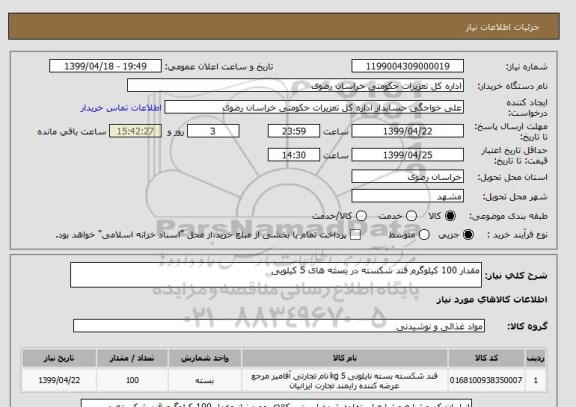 استعلام مقدار 100 کیلوگرم قند شکسته در بسته های 5 کیلویی