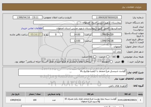 استعلام گوشت شینسل مرغ منجمد با کیفیت وتاریخ بالا