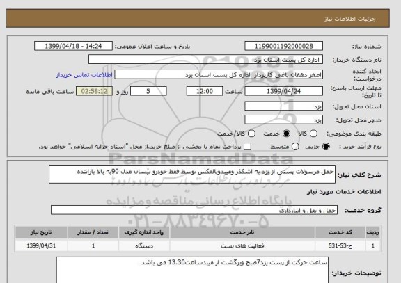 استعلام حمل مرسولات پستی از یزد به اشکذر ومیبدوبالعکس توسط فقط خودرو نیسان مدل 90به بالا باراننده