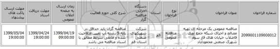 مناقصه عمومی یک مرحله ای تهیه مصالح و اجرای شبکه جمع آوری فاضلاب خیابان های فاز سوم شهرک صنعتی محمودآباد