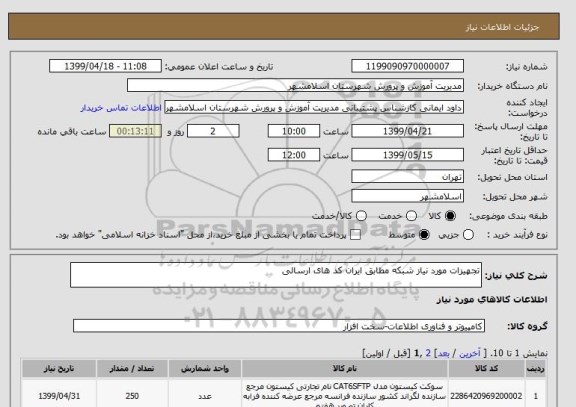 استعلام تجهیزات مورد نیاز شبکه مطابق ایران کد های ارسالی