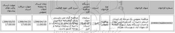 مناقصه عمومی یک مرحله ای احداث استخر ذخیره آب کشاورزی(بتن آرمه) و احداث ایستگاه پمپاژ شهرک گلخانه ای چوپان آباد شهرستان نظرآباد  