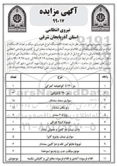 آگهی مزایده , مزایده تعداد 56 دستگاه انواع خودروی سبک و تعداد 4 دستگاه
