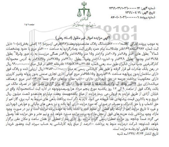 آگهی مزایده مزایده ششدانگ پلاک 897 فرعی از 13 اصلی