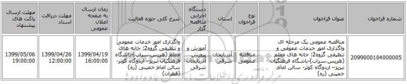 مناقصه عمومی یک مرحله ای واگذاری امور خدمات عمومی و تنظیفی گروه2: خانه های معلم (هریس،سراب)-باشگاه  فرهنگیان تبریز– اردوگاه کوثر- سالن امام خمینی (ره)