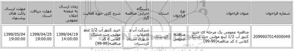 مناقصه عمومی یک مرحله ای خرید کنتور آب 1/2 اینچ مولتی جت خشک کلاس c کد مناقصه(99-99)