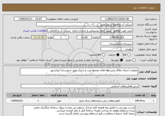 استعلام عملیات اجرای غلاف بتنی لوله های مجتمع غرب و شرق بمپور شهرستان ایرانشهر 