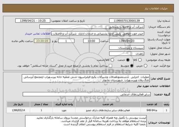 استعلام عملیات  اجرایی  شستشو،اتصالات وشیرآلات پکیج فیلتراسیون شنی تصفیه خانه پیرسهراب ازمجتمع آبرسانی تلنگ،پلان وپیرسهراب  شهرستان چابهار 