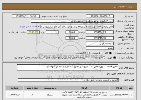 استعلام تامین قطعات سرور مطابق لیست پیوستی.تحویل کالا در انبار اداه کل خواهدبود. 