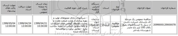 مناقصه عمومی یک مرحله ای بازسازی خسارت ناشی از سیل به ایستگاههای پمپاژ بالای 100 لیتر  باغ جایدر شهرستان پلدختر  